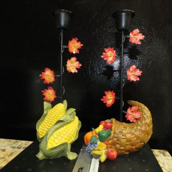 Vintage Thanksgiving Cornucopia Maple Leaf Taper Candle Holder Set 2 Metal Resin - Picture 2 of 4